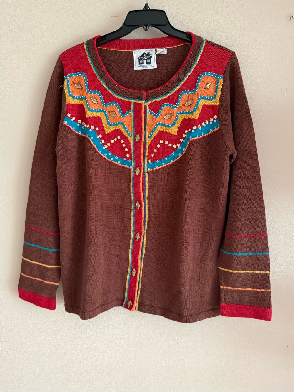 Storybook Knits Women’s Brown Embroidered Button-Front Sweater Cardigan Size L